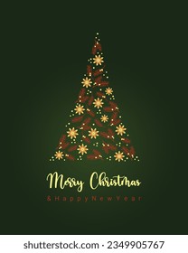 Card dark green background with fir branches and anise stars and red berries.