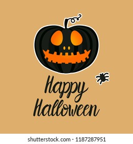 Card Dark Jack Lantern Pumpkin Happy Halloween Jackolantern. The Carved Face. Vector Illustration Isolated On Gold Background.