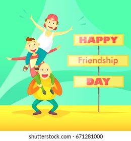 Card to the day of friendship. Flat composition, young guys one on one's shoulders, a crazy trick. Cartoon style.
