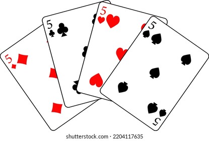 Card deck. Cards of different suits. Fan card number five: diamonds, spades, hearts, clubs. Vector illustration of poker cards.