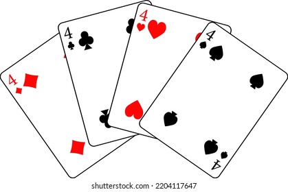 Kartendeck. Karten verschiedener Anzüge. Lüfterkarte Nummer vier: Diamanten, Pik, Herzen, Clubs. Vektorgrafik von Pokerkarten.