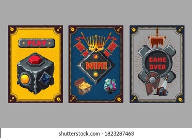 Card deck. Collection game art. Fantasy ui kit with magic items. Cartoon vector illustration. User interface design elements with decorative frame. Equipment assets. Win, start and game over text.