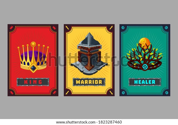 Card
deck. Collection game art. Fantasy ui kit with magic items. User
interface design elements with decorative frame. Equipment assets.
Cartoon vector illustration. Crown, helmet and
hoop.