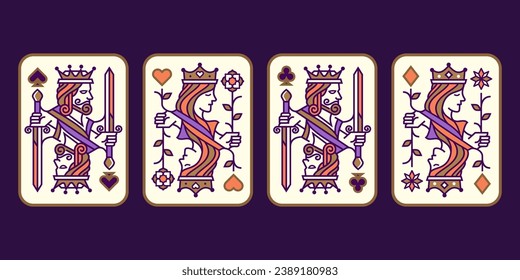 card deck design. set of King and queen colorful playing card vector illustration set of hearts, Spade, Diamond and Club, Royal cards design collection