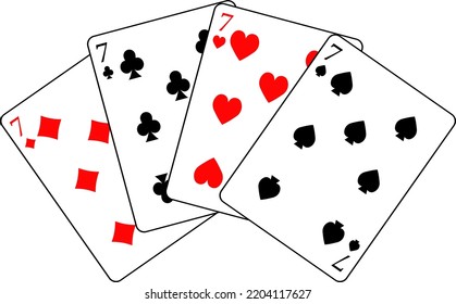 Card deck. Card number seven of different suits fanned out: diamonds, spades, hearts, clubs. Vector illustration of poker cards.