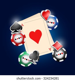 Card deck and poker chips vector illustration with three dimensional suits.