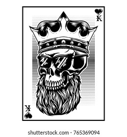 The card deck skull head king wearing crown and cool black sun glasses and beard for t-shirt design artwork art print