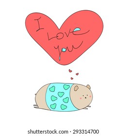 Card with a declaration of love on St. Valentine's Day with animal fat in jacket and big red heart on a white background