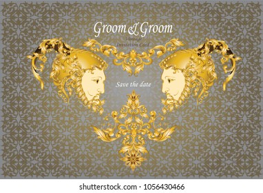 Gay? wedding? card decorated with baroque metal elements and two men's face. 