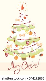 Card with decorated Christmas tree.