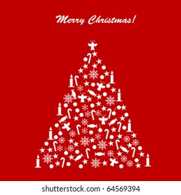Card with decorated Christmas tree over red background