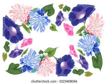 card  decorated flower and leaves vector composition, asters, bindweed, blue and pink gentle
