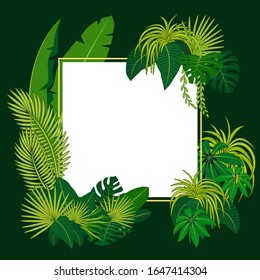 Card decorated with tropical plants around a white square.