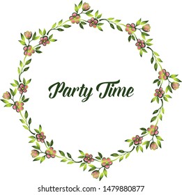 Card decoration template of party time, with cute green leafy flower frame. Vector
