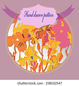Card with decorative colored irises, label on a  gradient gray    circle. Hand drawn. Sketch from life.