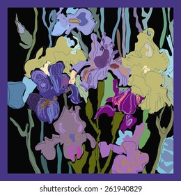 Card with decorative colored irises on a  rounded. Hand drawn. Sketch from life.