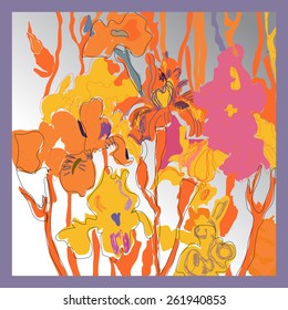 Card with decorative colored irises on a  rounded. Hand drawn. Sketch from life.