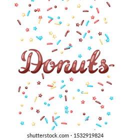 Card with decorative donut sprinkles. Background of donuts glaze.