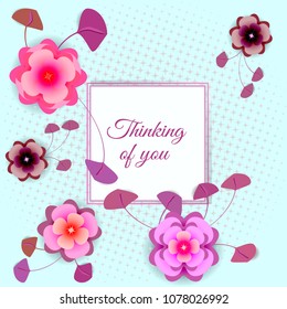Card with decorative flowers and twigs on pastel blue background. Decorative frame for your text. Vector template for congratulations, reminders, thanks.