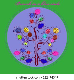 Card with decorative tree on a blue pale circle and  pink text. Handmade.