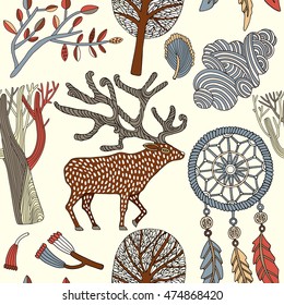 Card with a deer, autumn trees and dream catcher. Vector illustration.