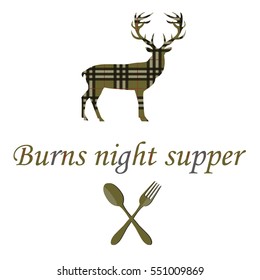 Card With Deer And Burns Night Supper. Vector Illustration.