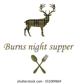 Card with deer and Burns night supper. Vector illustration.