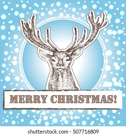 card with a deer and the words Merry Christmas. Postcard with animals and with snow. Christmas deer.