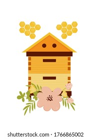 Diseño de cartas con colmena y flores. Ilustración y concepto de vectores para el diseño de productos de miel