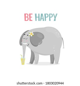 Card deisgn with cute elephant girl drinking summer lemonade. Vector illustration