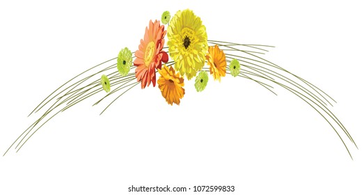 Card with delicate arch of stems and flowers of brightly drawn gerberas and chamomiles isolated in vector yellow, orange and green, wedding
