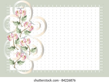 Card with delicate flowers against a background of fine mesh. Banner.