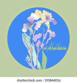 Card with delicate radiance irises in a circle with text.Handmade.