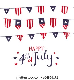 Card design for 4th of July. Buntings in flag symbolics. Vector hand drawn illustration for American Independence Day celebration.