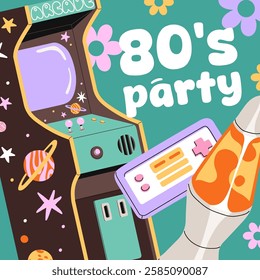 Card design of 80s party. Templates of 1980 nostalgia event with game machine, lava lamp. Promotion of 1980s disco with retrowave vibe. Discotheque in retro style aesthetics. Flat vector illustration