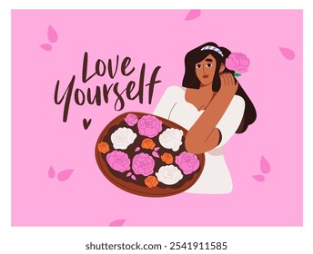 Card design about love yourself, self acceptance for Women's Day. Happy girl holds festive bouquet of peonies. Young woman with flower bunch, rose posy. Holiday postcard. Flat vector illustration