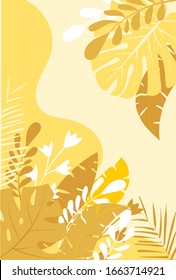 Card design with abstract background. Vector illustration of tropical leaves and floral elements. Sunrise