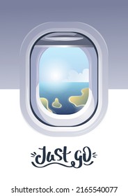 Kartendesign mit Flugzeugfenster und handgeschriebenem Angebot. Flugreisen, Tourismus, Abenteuer, Reise, Flugkonzept. A4 Vektorgrafik, Karte. Postkarte, Cover, Banner-Vorlage.
