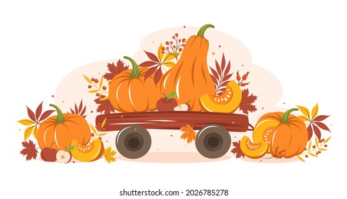 Diseño de cartas con hojas coloridas de otoño, calabaza de cosecha y fruta en carrito. Feliz día de gracias. Ilustración vectorial para tarjeta de saludo de vacaciones, pancarta, afiche.