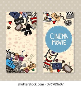  Card design background with movie objects and symbols border. Cartoon vector hand-drawn Cinema Doodle frame.