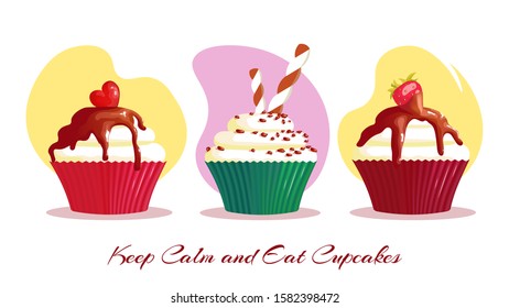 Card design for Bakery, Bakeshop, Dessert, Birthday, Recipes. Three Sweet cupcakes with different toppings. Vector illustration for banner, advertising, menu, poster, card, postcard.