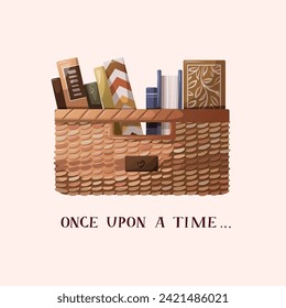 Card design with basket full of books. Bookstore, bookshop, book lover, reading, interior concept. Vector illustration for postcard, cover, poster.