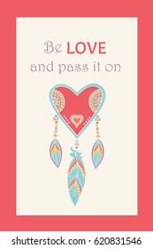 Card design. Beautiful background with red heart and feathers. Vector art