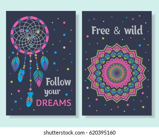 Card design. Beautiful backgrounds with dreamcatcher and round ethnic mandala. Vector art