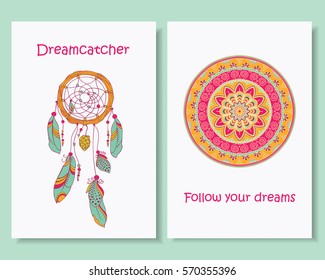 Card design. Beautiful backgrounds with hand drawn dreamcatcher and round ornamental mandala. Vector art