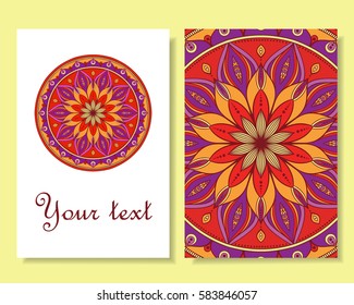 Card design. Beautiful backgrounds with round ornamental ethnicmandala. Vector art