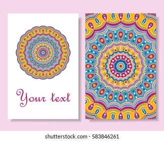 Card design. Beautiful backgrounds with round ornamental ethnic mandala. Vector art