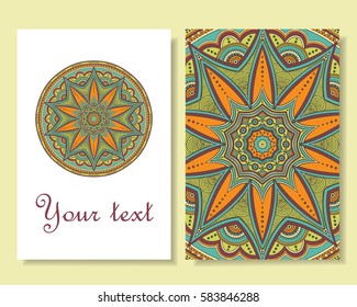 Card design. Beautiful backgrounds with round ornamental ethnic mandala. Vector art