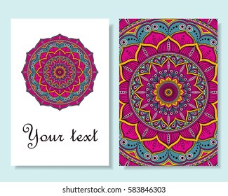 Card design. Beautiful backgrounds with round ornamental ethnic mandala. Vector art