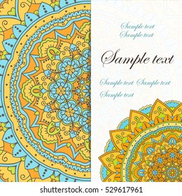 Card design. Beautiful colorful background with round ornamental mandala. Vector art